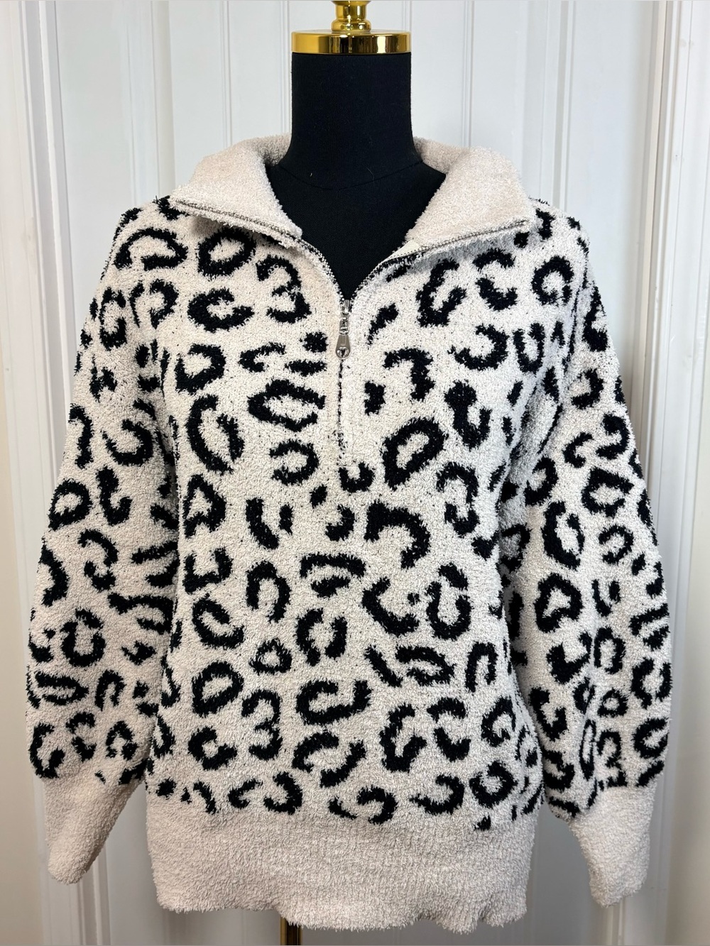 Sweet Lovely Leopard Print Fuzzy Cozy Half Zip Sweater S/M Y2K Animalcore